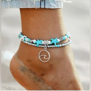 BohoBlue Starfish Anklet. Multi-Layer with Turquoise Charm Beads. Handmade. NWOT